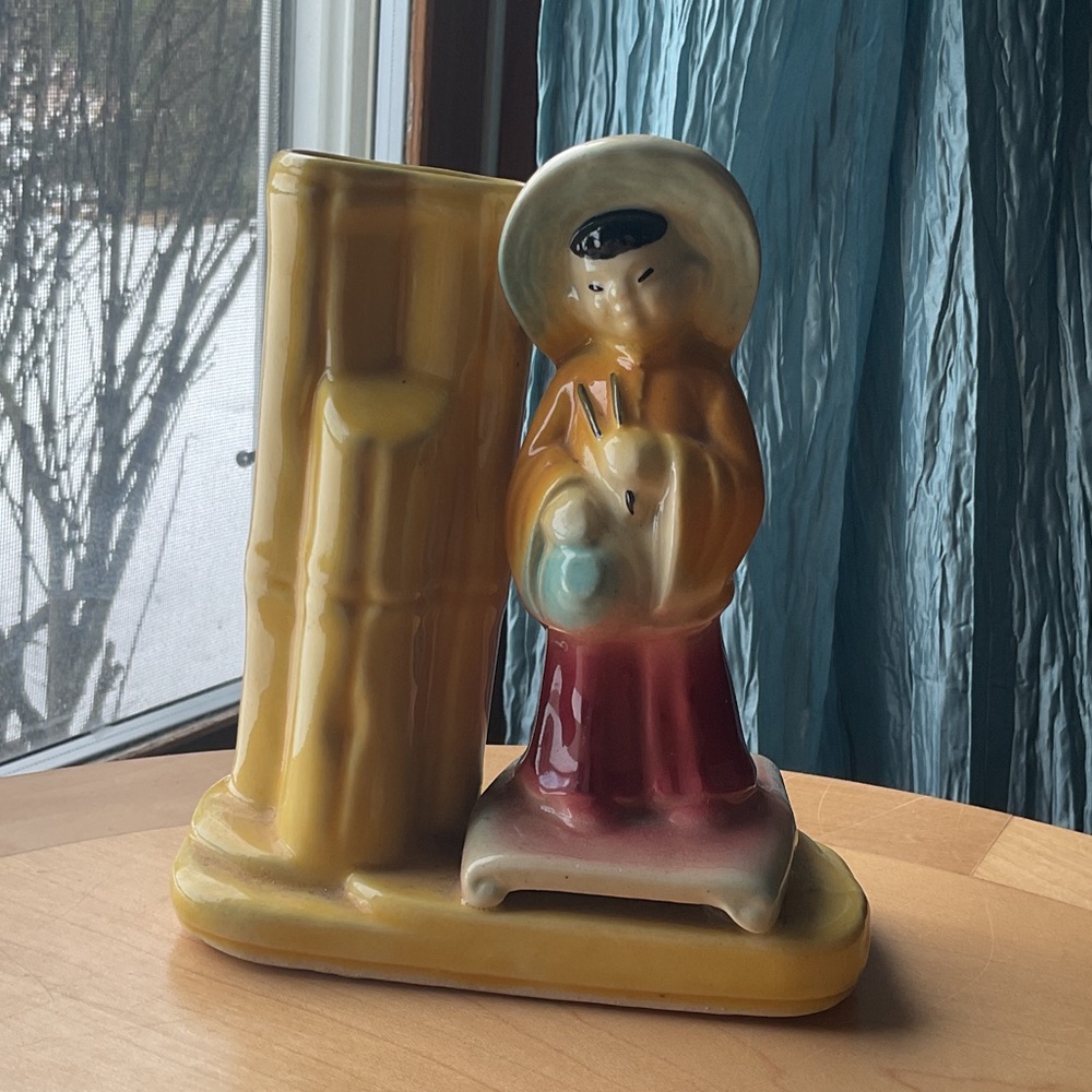 Vintage Ceramic Figurine with Bamboo Holder USA